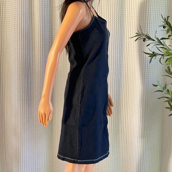Vintage Y2K 2000s Girly Girl Denim Halter Dress Zip Front Bodycon Midi Size L - Picture 3 of 8